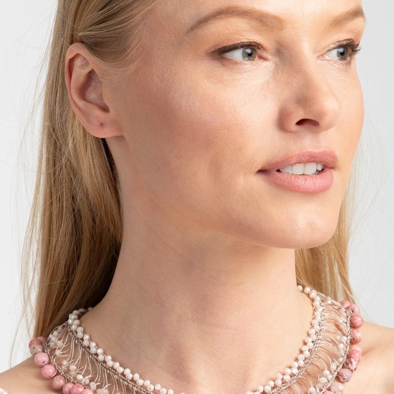 Saachi Style Madame Glass Beaded Collar Chain Necklace With Natural Stone In Pink