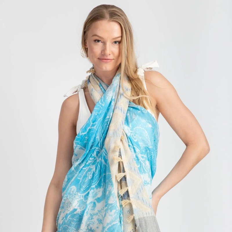 Saachi Style Misty Mixed Bordered Scarf In Blue