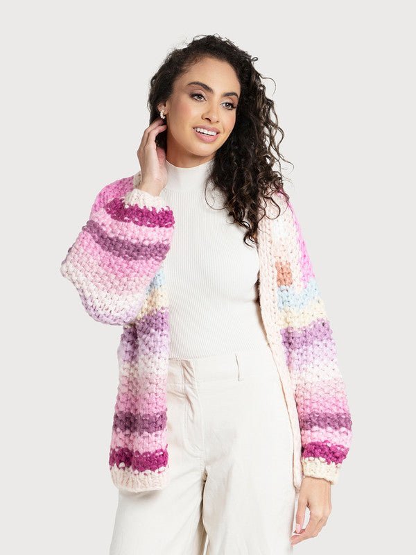 Saachi Style Rainbow Knitted Cardigan In Pink