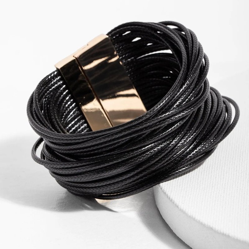 Saachi Style Simple Metallic Cord Leather Bracelet In Black