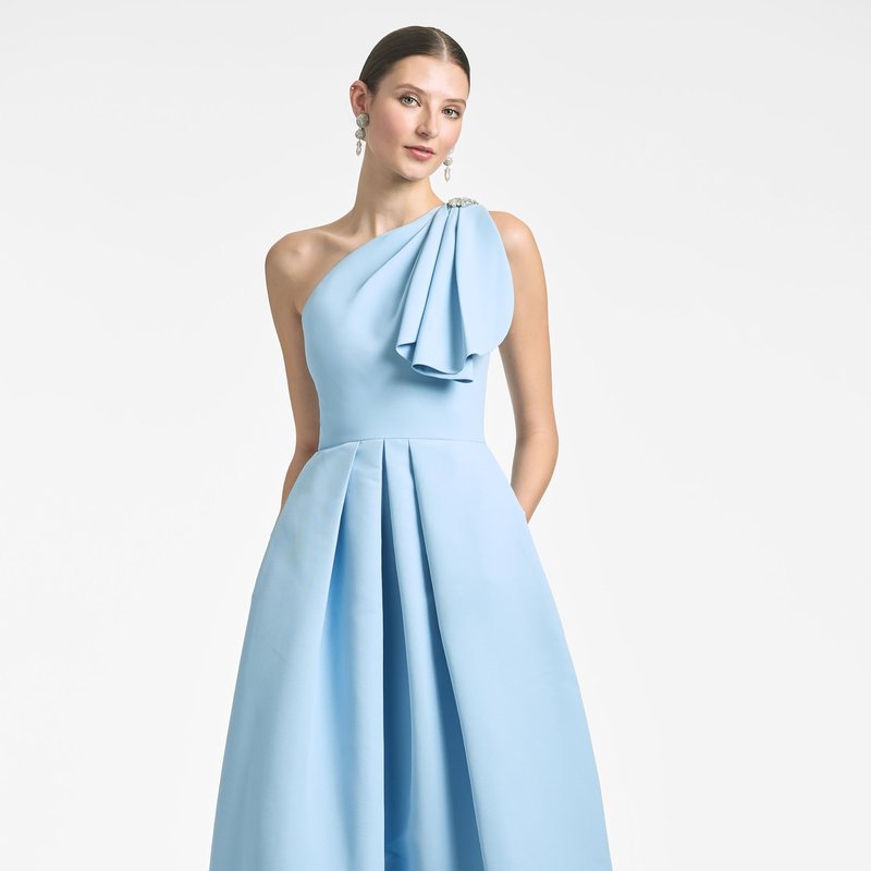 Sachin & Babi Martina Pleated Draped One-shoulder Gown In Blue