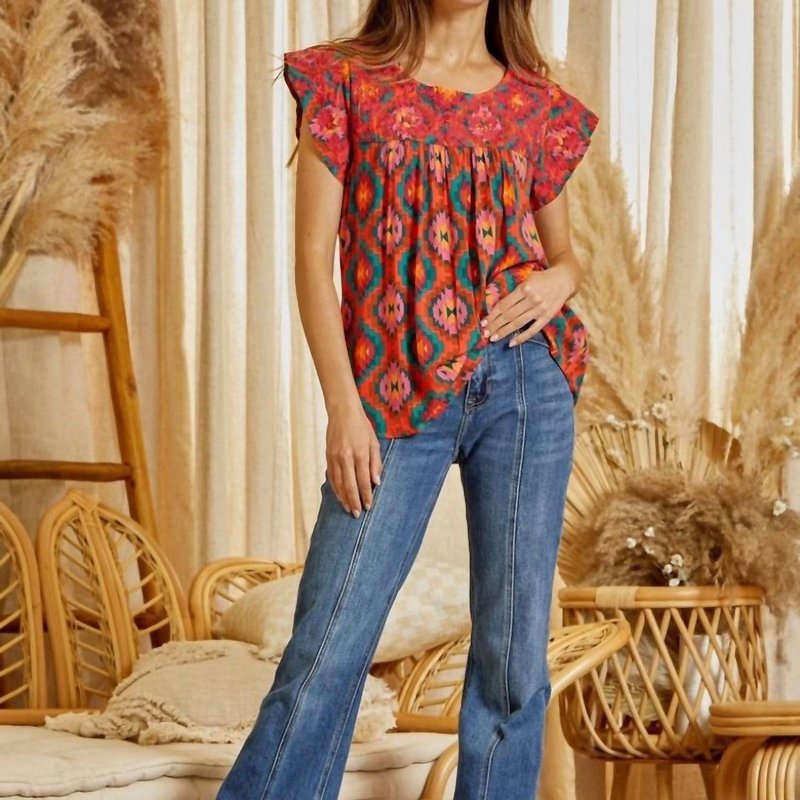 Shop Savanna Jane Aztec Embroidered Flutter Sleeve Top In Multi Color In Red