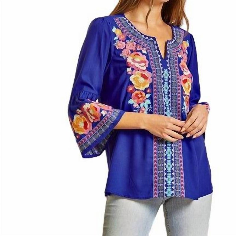Shop Savanna Jane Embroidered Top With Bell Sleeves In Blue