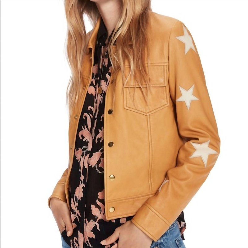 Scotch & Soda Embroidered Leather Shirt Jacket In Brown