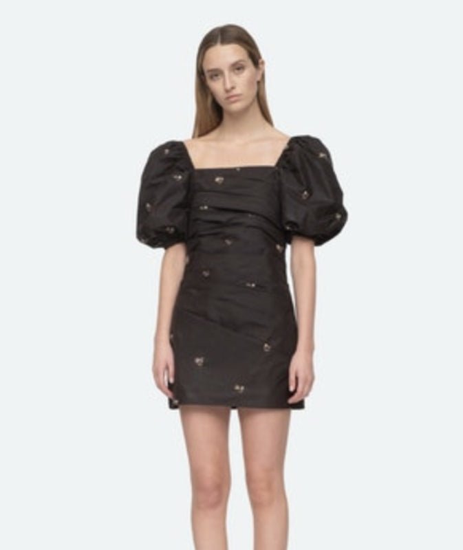 Shop Sea Rubina Embroidery Short Sleeves Polyester Puff Sleeves Draped Dress In Black
