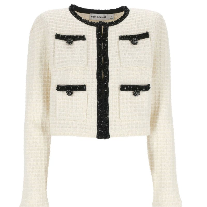 Shop Self-portrait Women Textured Knit Black Trim 4 Pockets Cardigan Sweater In White