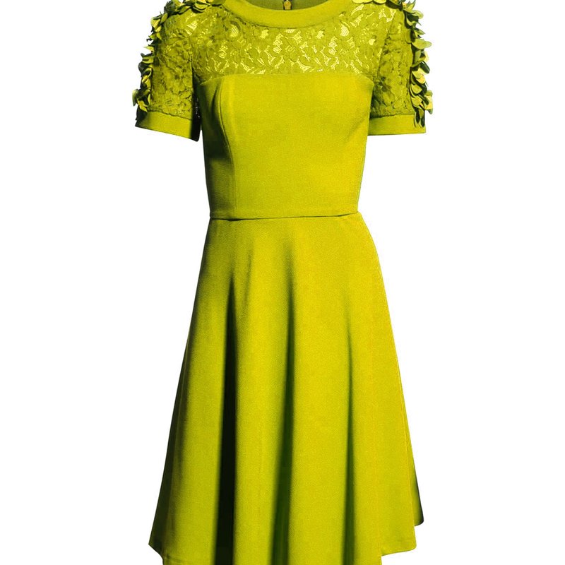 Shani Crepe Dress With Floral Applique On Sleeves In Chartreuse