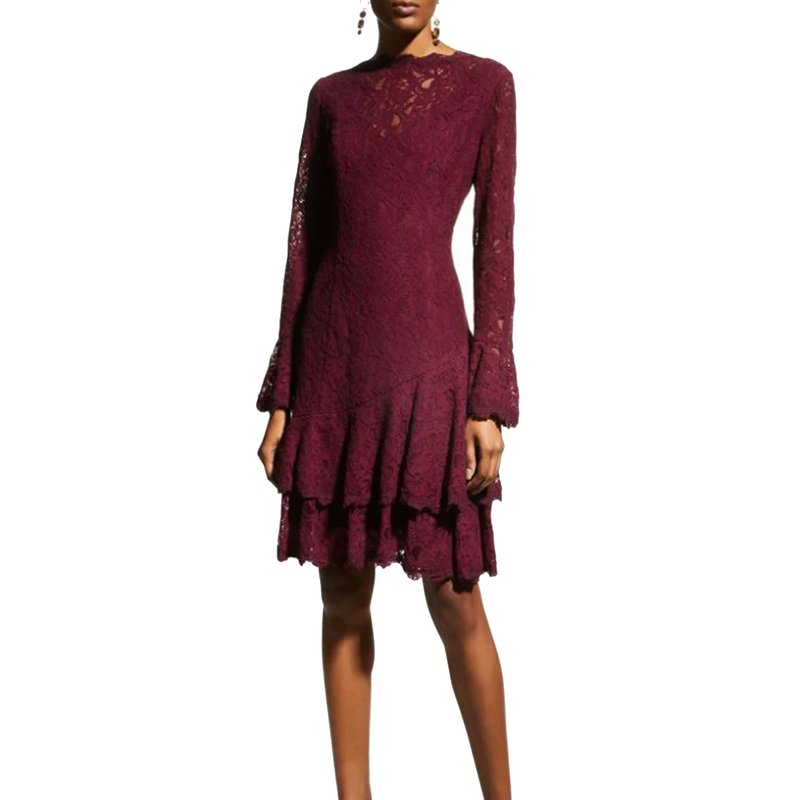 Shop Shani Double Ruffle Lace Dress In Wine In Red