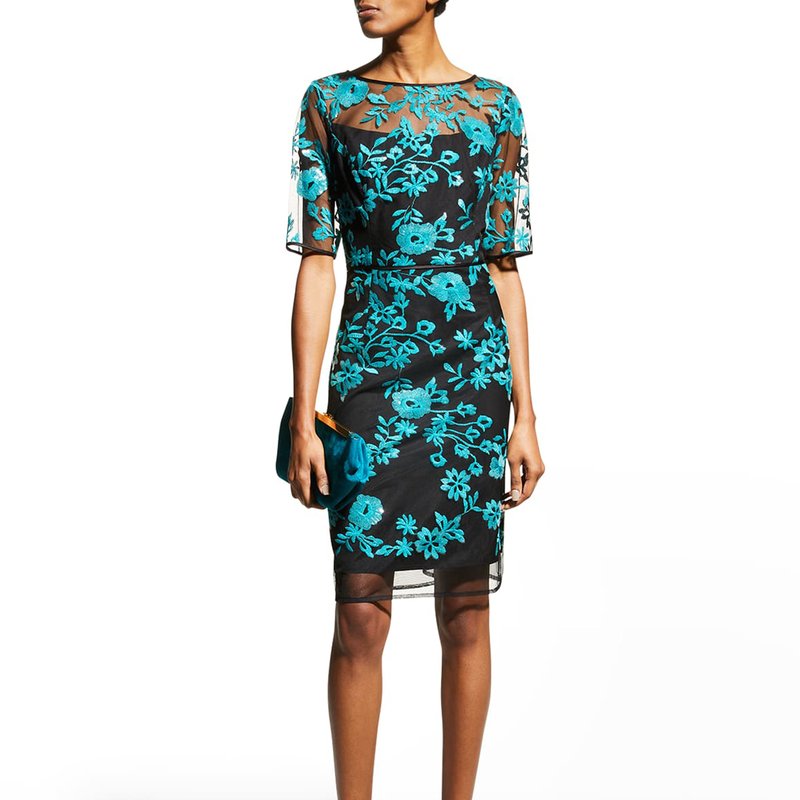 Shani Embroidery Illusion Neckline Cocktail Dress In Black/teal