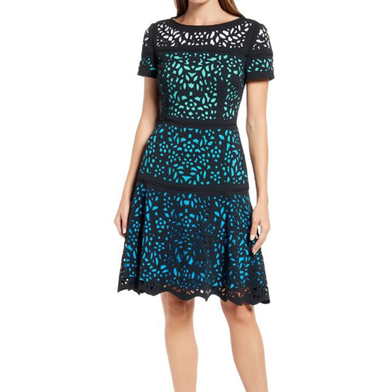 Shani Fit And Flare Colorblocked Laser Cutting Dress In Teal In Black/teal
