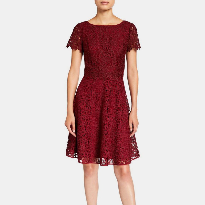 Shani Fit And Flare Popover Lace Dress In Wine