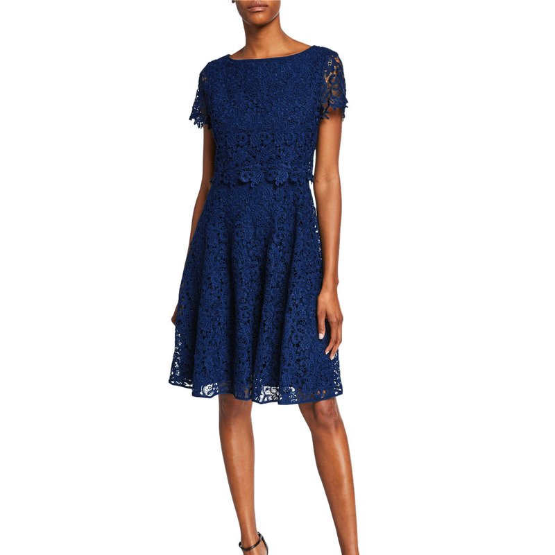 Shani Fit And Flare Popover Lace Dress In Blue