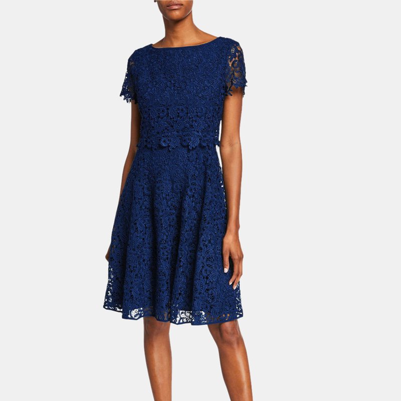 Shani Fit And Flare Popover Lace Dress In Navy