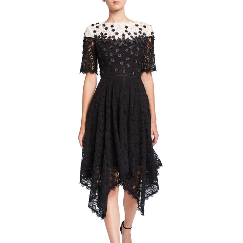 Shani Colorblock Elbow-sleeve Hanky Hem Lace Dress W/ Floral Applique In Black
