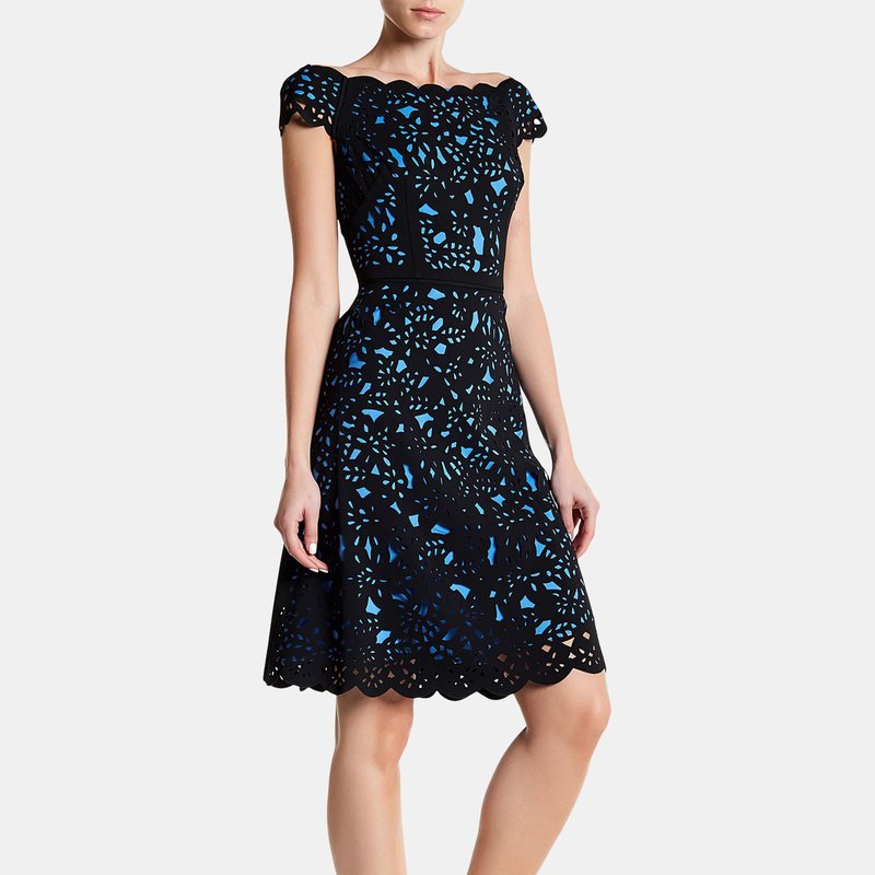 Shani Off The Shoulder Laser Cutting Dress In Black/blue