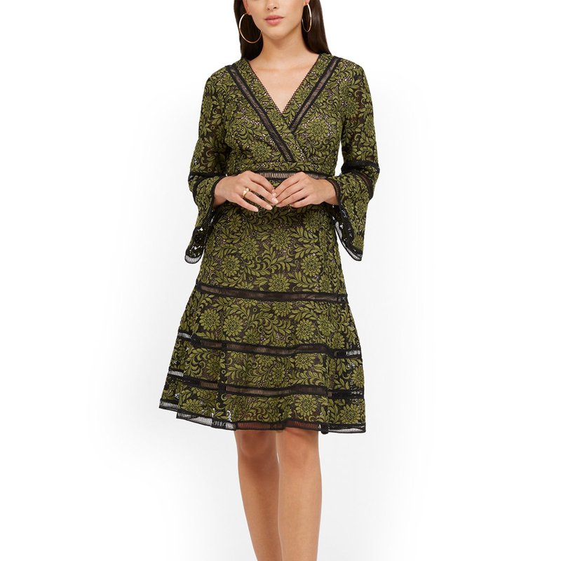 Shop Shani Surplice Neckline Bell-sleeve Lace Dress In Green