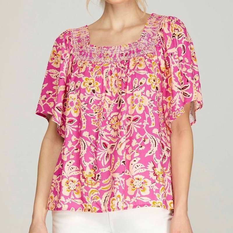 She + Sky Floral Smocked Blouse In Floral Pink And Yellow