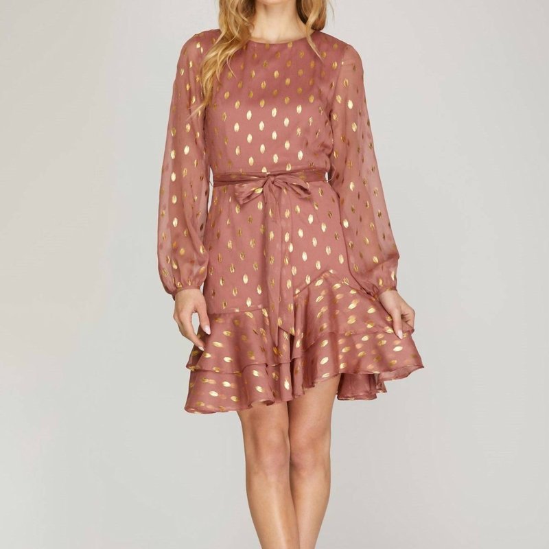 Shop She + Sky Gold-dot Chiffon Dress With Ruffled Hem In Pink