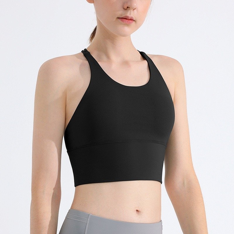 Sheshow Women Thin Shoulder Strap Beautiful Back Sports Bra Shockproof Yoga Fitness Vest In Black