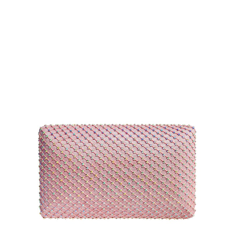 Simitri Cotton Candy Fishnet Crystal Clutch In Pink