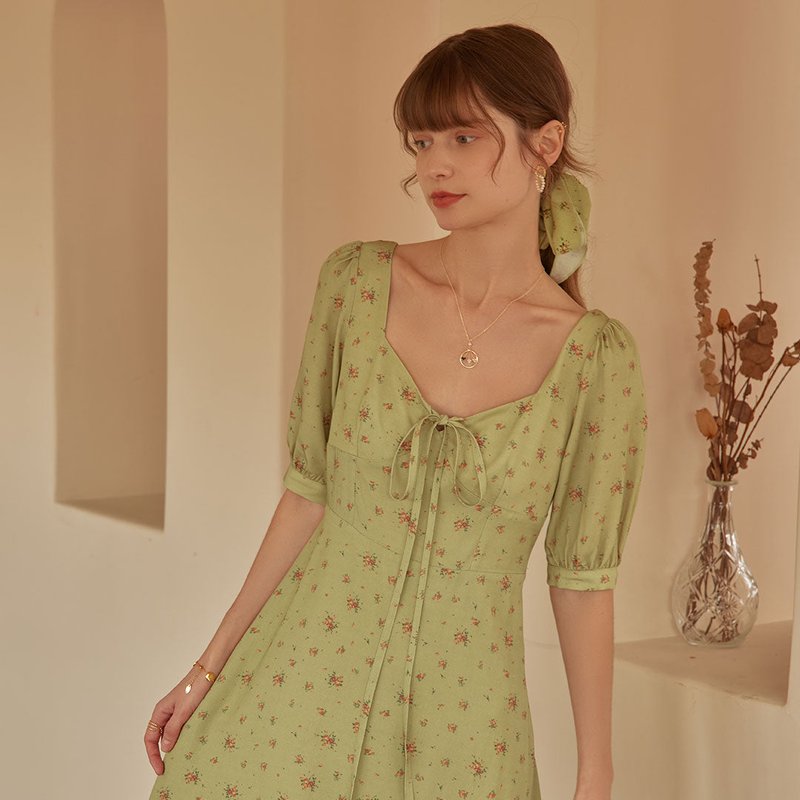 Simple Retro Rosalina Floral Mini Tea Dress In Green