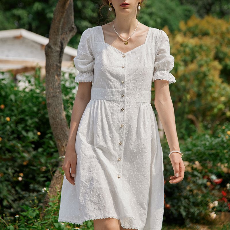 Simple Retro Victorian 100% Cotton Embroidery Midi Dress In White