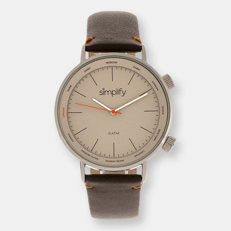 Simplify The 3300 Leather-band Watch In Dark Brown/grey