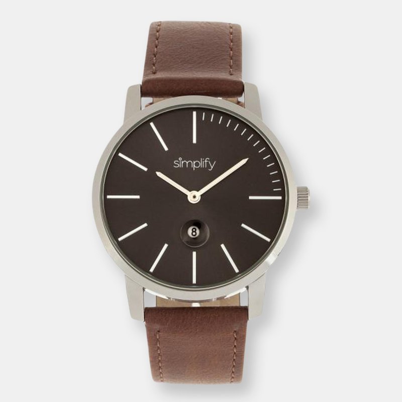 Simplify The 4700 Leather-band Watch W/date In Silver/brown