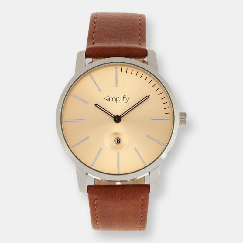 Simplify The 4700 Leather-band Watch W/date In Silver/camel