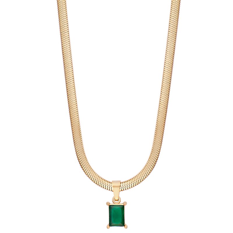 Shop Simply Rhona Emerald Stone Herringbone Chain Necklace In 18k Gold Plated Stainless Steel