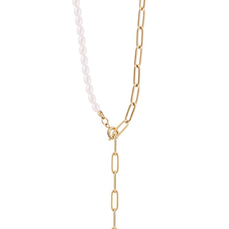 Shop Simply Rhona Long Pearl Heart Pendant Necklace In 18k Gold Plated Stainless Steel