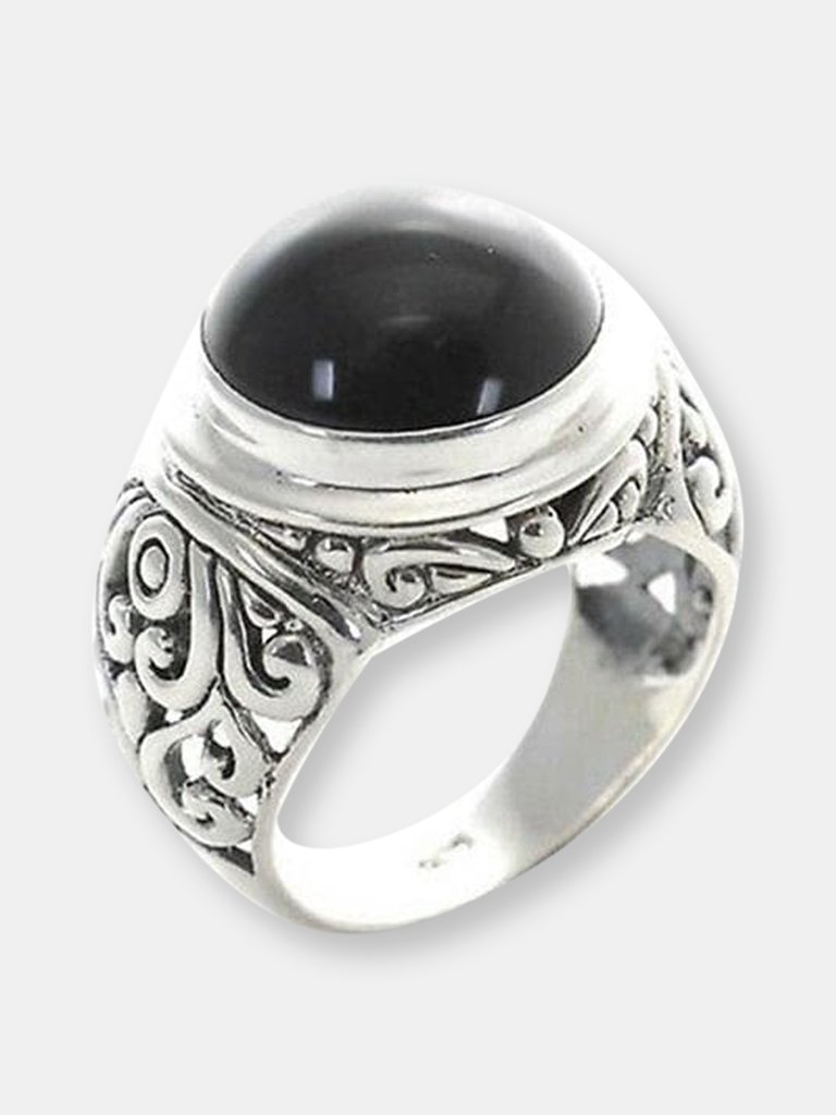 Sterling Silver Bali Ring With Black Onyx - Silver/Black