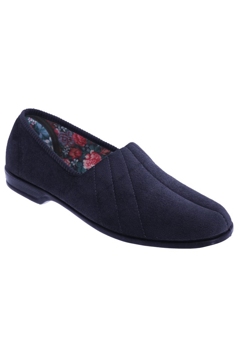 Sleepers AUDREY Ladies Navy Comfortable Soft Warm Velour Roll Top Slippers 