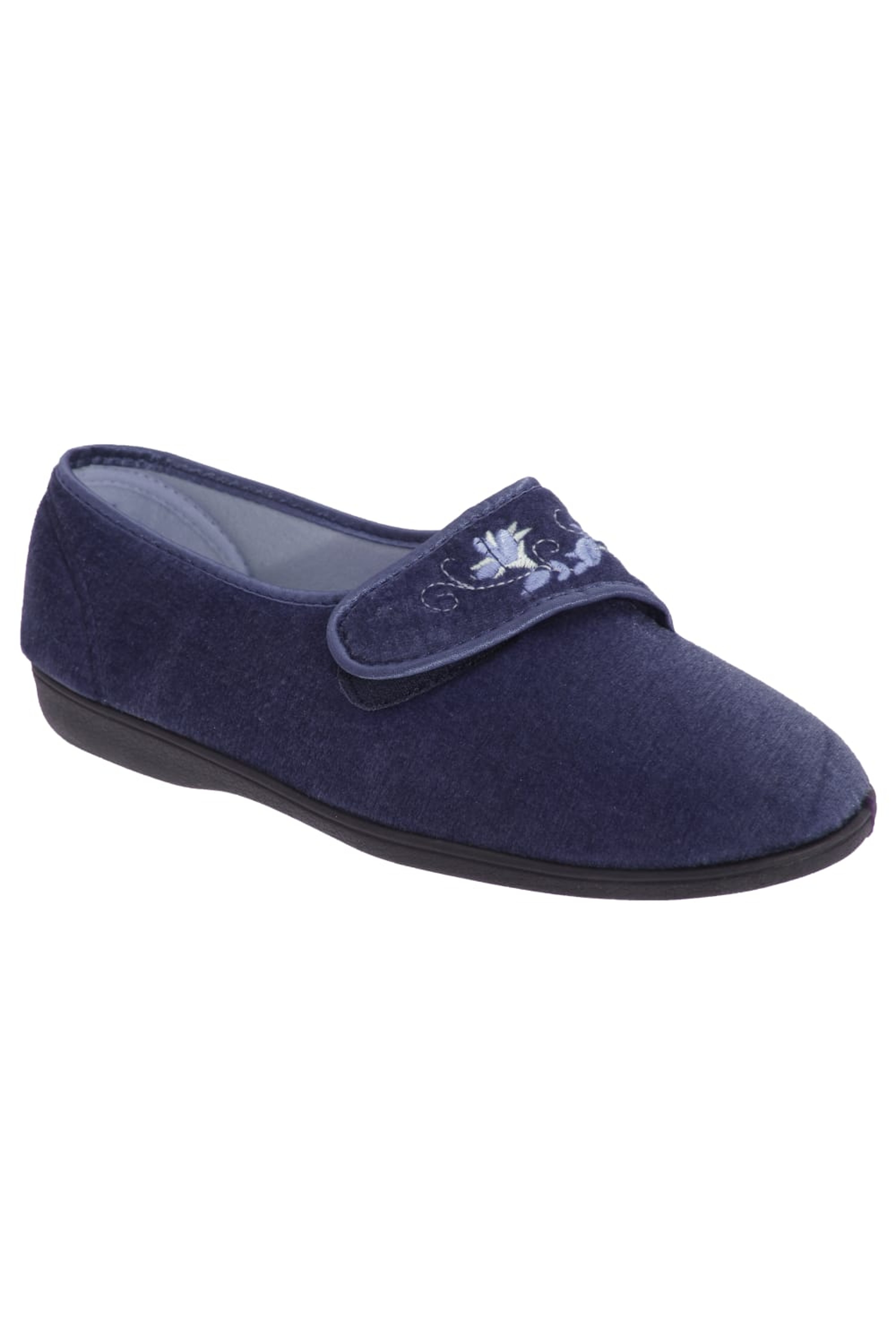 Sleepers JOLENE Ladies Soft Velour Embroidered Floral Touch Fasten Slippers Navy 