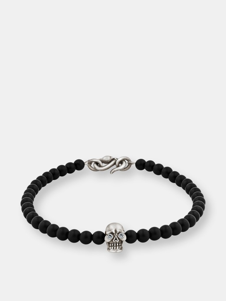 Skull Bracelet in Sterling Silver with Diamond Eyes, Black Onyx and Snake Clasp - Sterling Silver