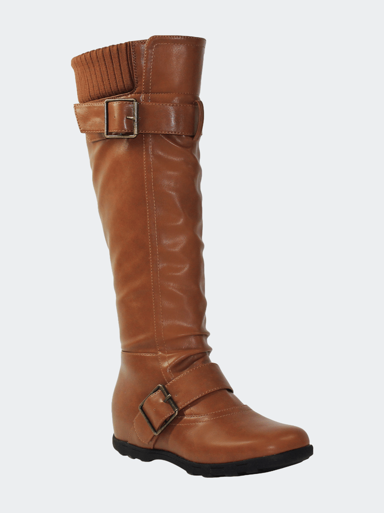 Women's Boots Ruched Knit Cuff Double Straps Buckles - Tan PU - Tan PU