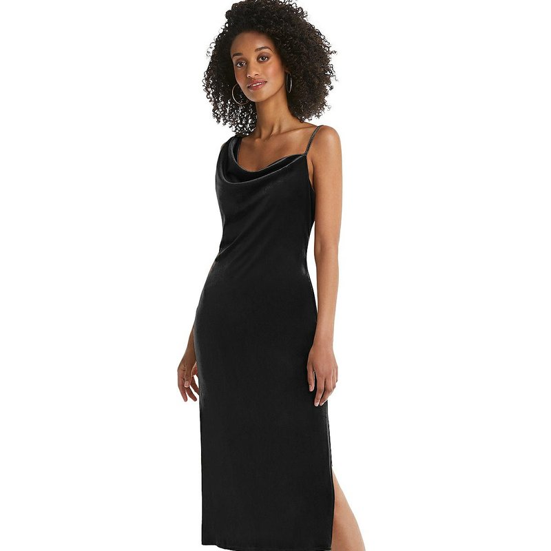 Social Bridesmaid Asymmetrical One-shoulder Velvet Midi Slip Dress In Black