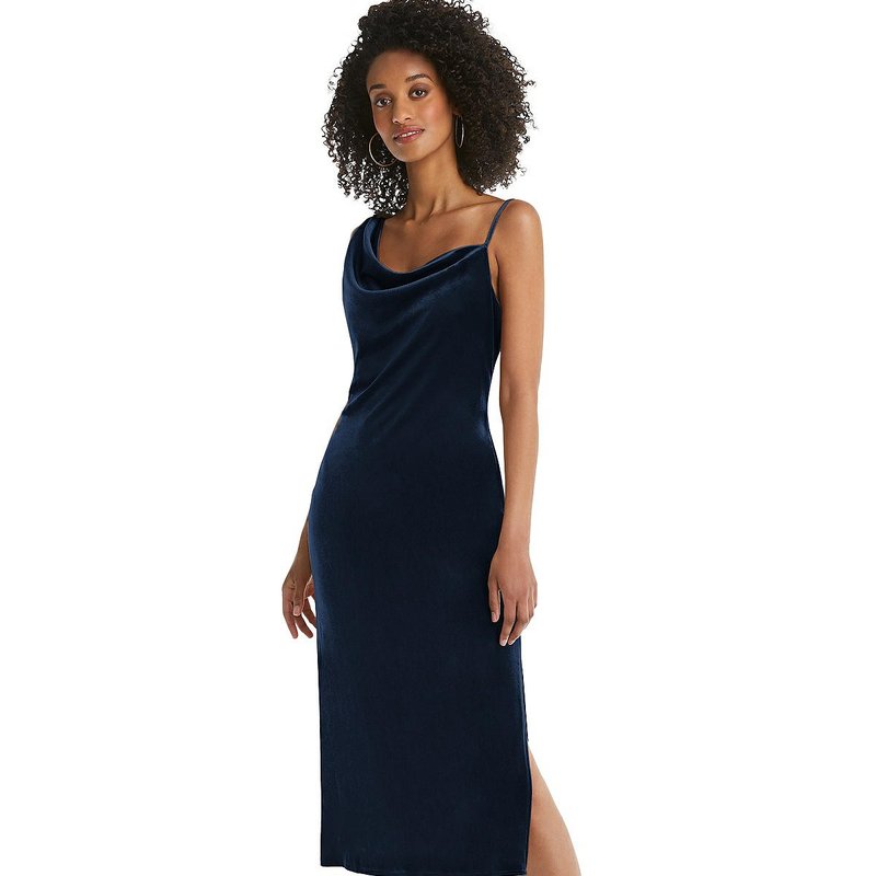 Social Bridesmaid Asymmetrical One-shoulder Velvet Midi Slip Dress In Blue