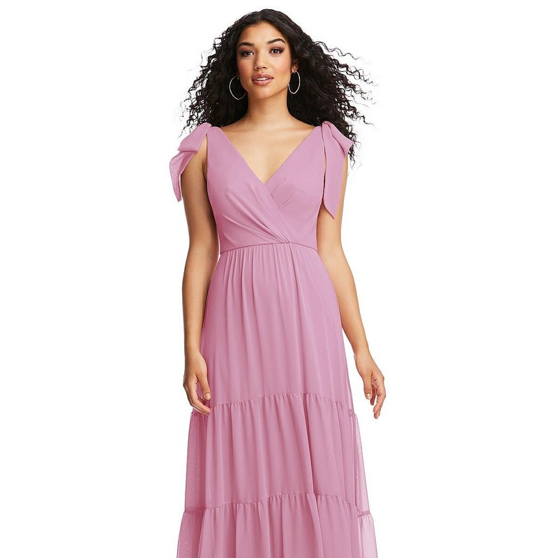 Shop Social Bridesmaid Bow-shoulder Faux Wrap Maxi Dress With Tiered Skirt In Pink