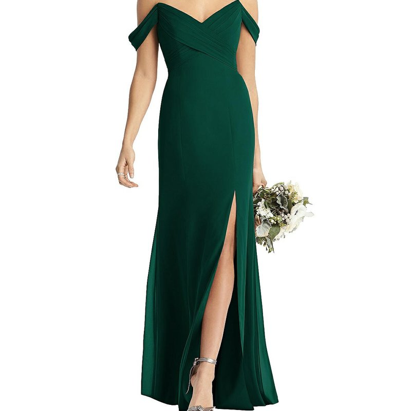 Social Bridesmaid Off-the-shoulder Criss Cross Bodice Trumpet Gown In Green