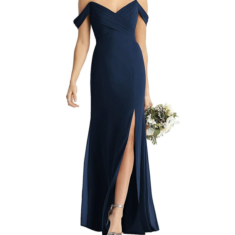 Social Bridesmaid Off-the-shoulder Criss Cross Bodice Trumpet Gown In Blue
