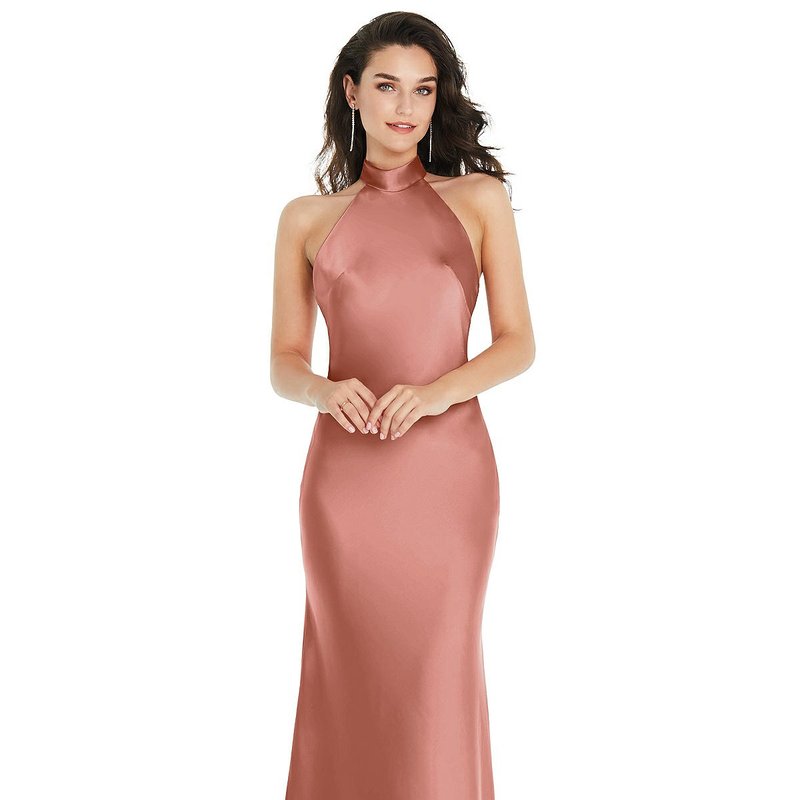 Social Bridesmaid Scarf Tie High-neck Halter Maxi Slip Dress In Pink