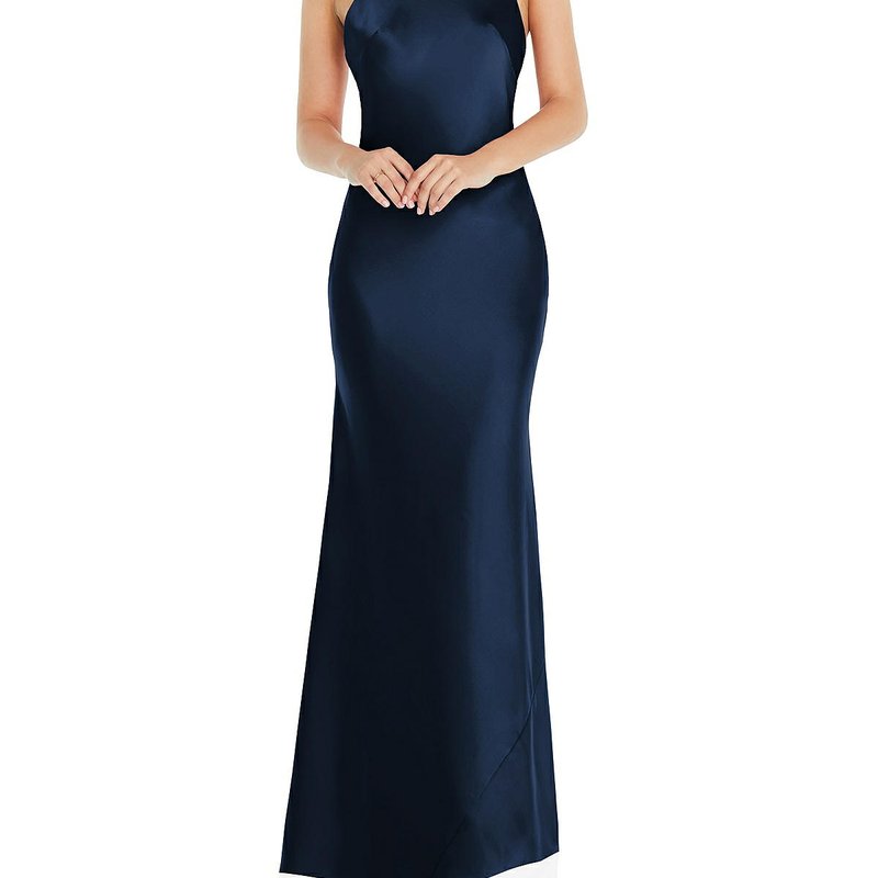 Social Bridesmaid Scarf Tie High-neck Halter Maxi Slip Dress In Blue