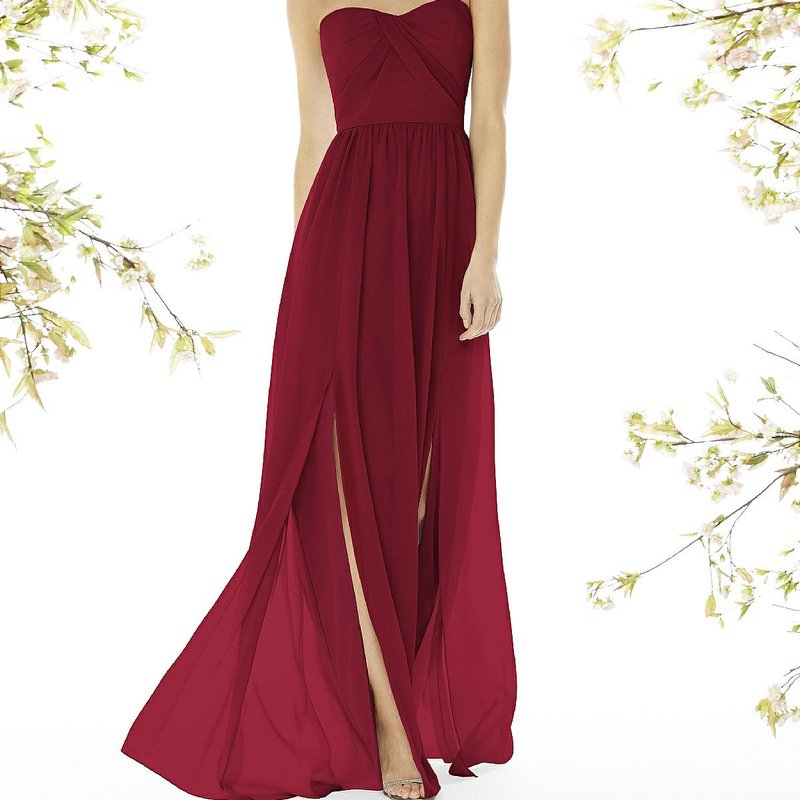 Social Bridesmaid Strapless Draped Bodice Maxi Dress With Front Slits In Red