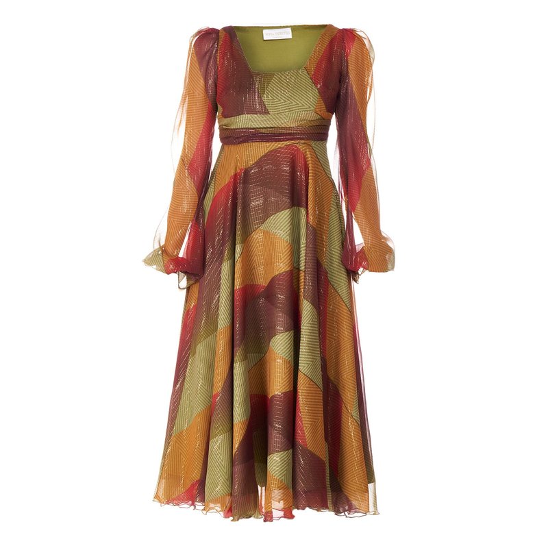 Shop Sofia Tsereteli Long Silk Dress In Multicolored Patch In Green