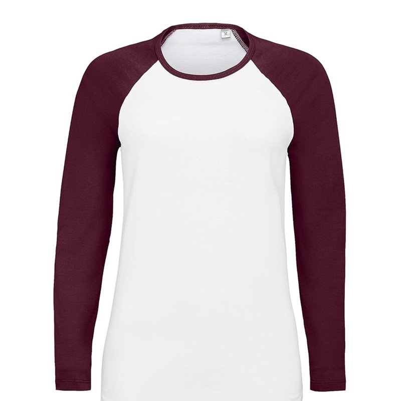 Sols Womens/ladies Milky Contrast Long Sleeve T-shirt (white/burgundy)