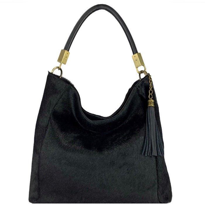Sostter Black Calf Hair Leather Tassel Grab Bag | Biylx