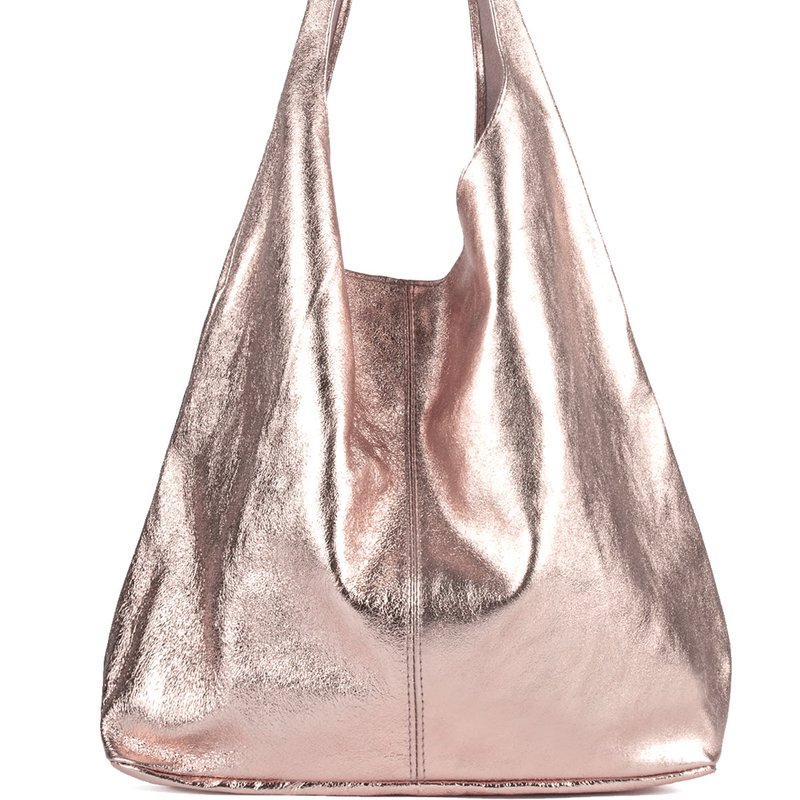 Sostter Rose Gold Metallic Leather Hobo Shoulder Bag In Pink