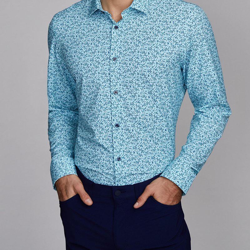 State Of Matter Men's Leaf Print Navy And Teal Dress Shirt In Blue
