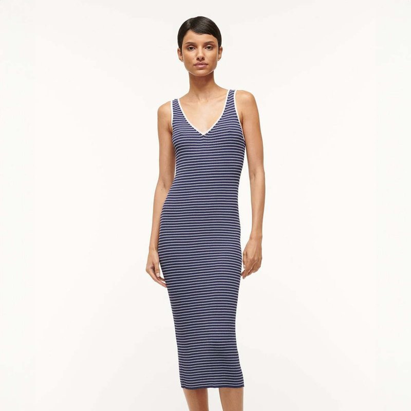 Shop Staud Women Bodycon Dress Dana Sleeveless Midi Navy Micro Stripe In Blue